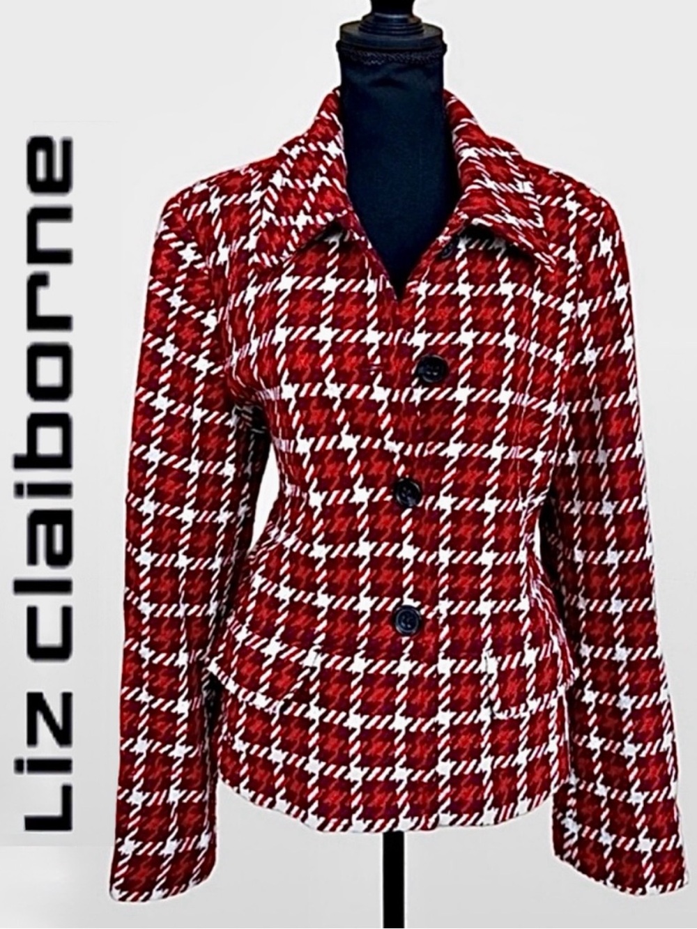 LIZ CLAIBORNE Vintage Wool Blend Houndstooth Peplum Maroon Orange Jacket (XL)